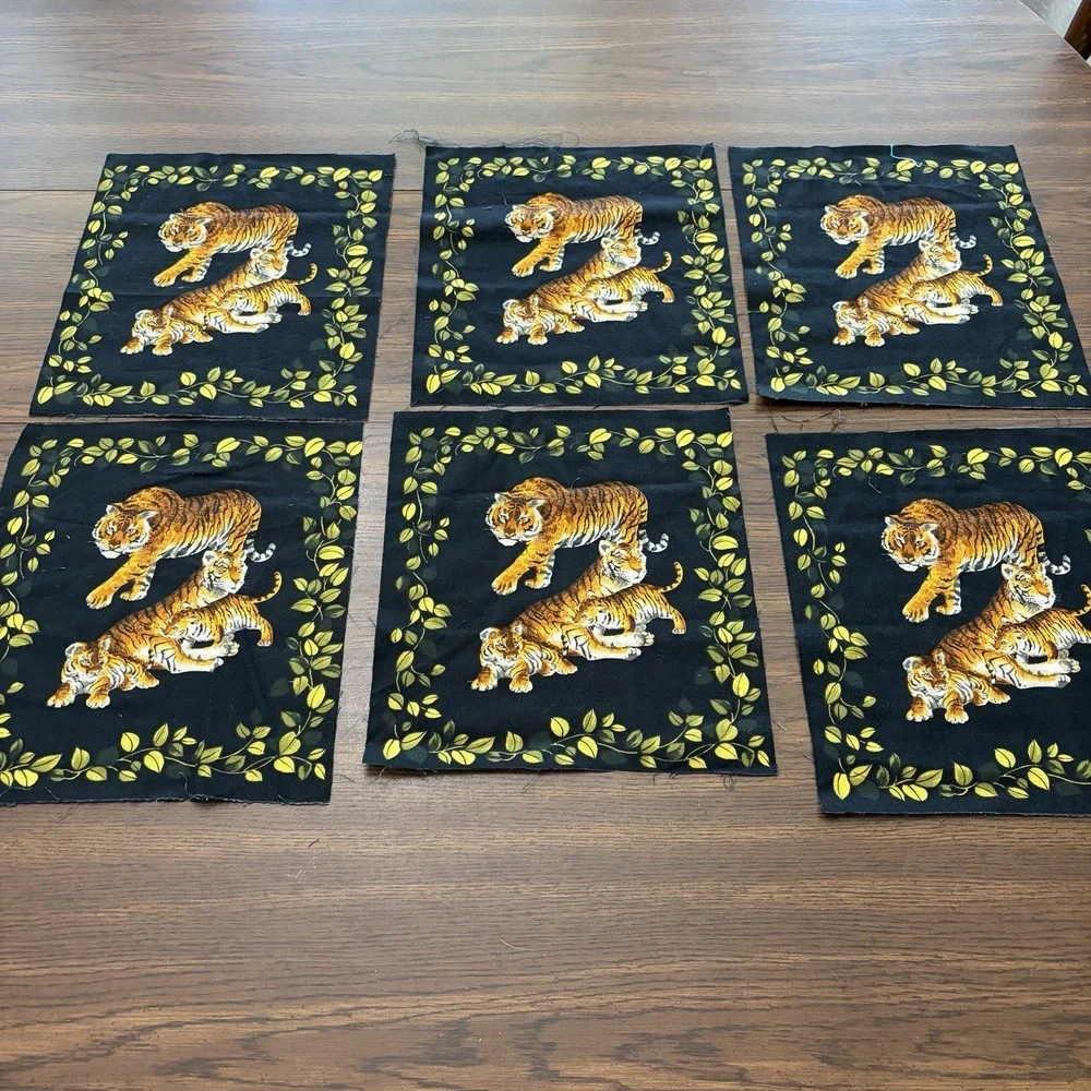 Vintage Tiger Family Fabric Quilt Blocks Lot Of 6 Jungle 11x11 Sewing Craft